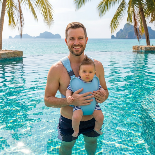 תינוק מחייך עם אבא, רגע של רוגע לפני השימוש במנשא מים MIA Aqua-Hug™."