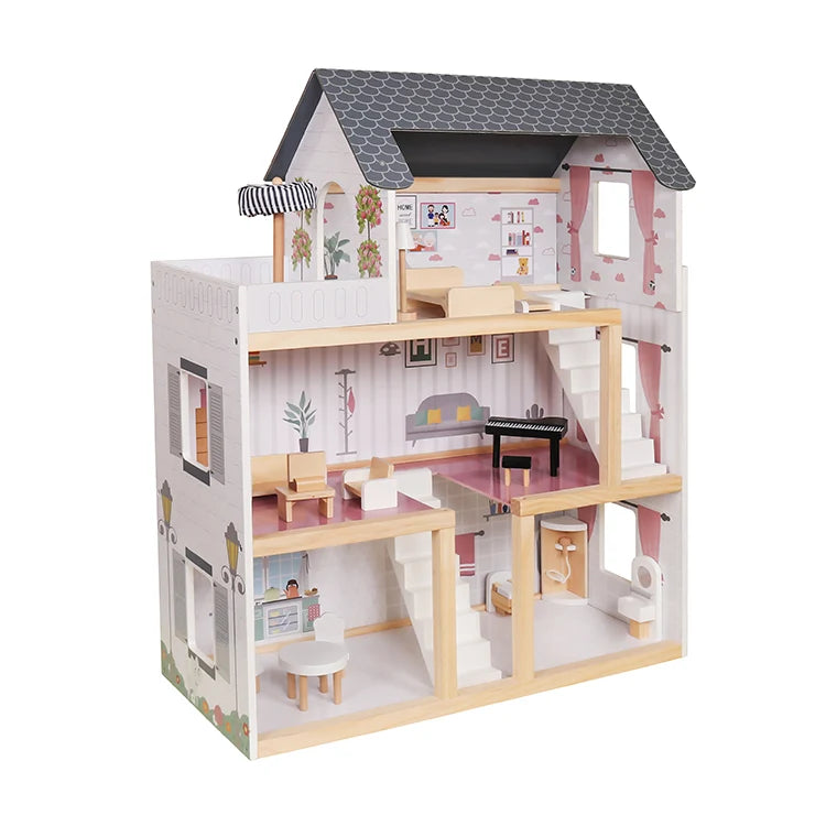 בית בובות אמיליה מעץ צבעוני עם ריהוט מלא – מיה מתנות