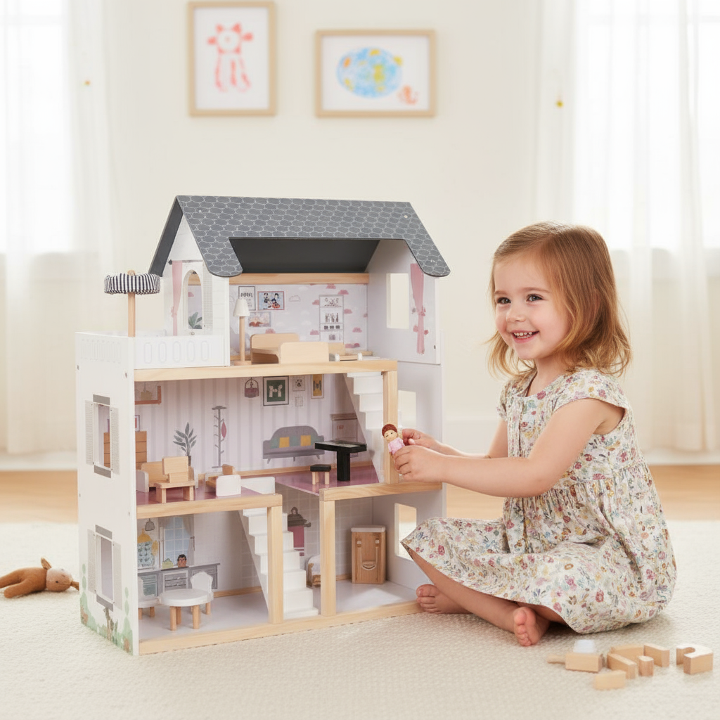 בית בובות אמיליה מעץ צבעוני עם ריהוט מלא – מיה מתנות