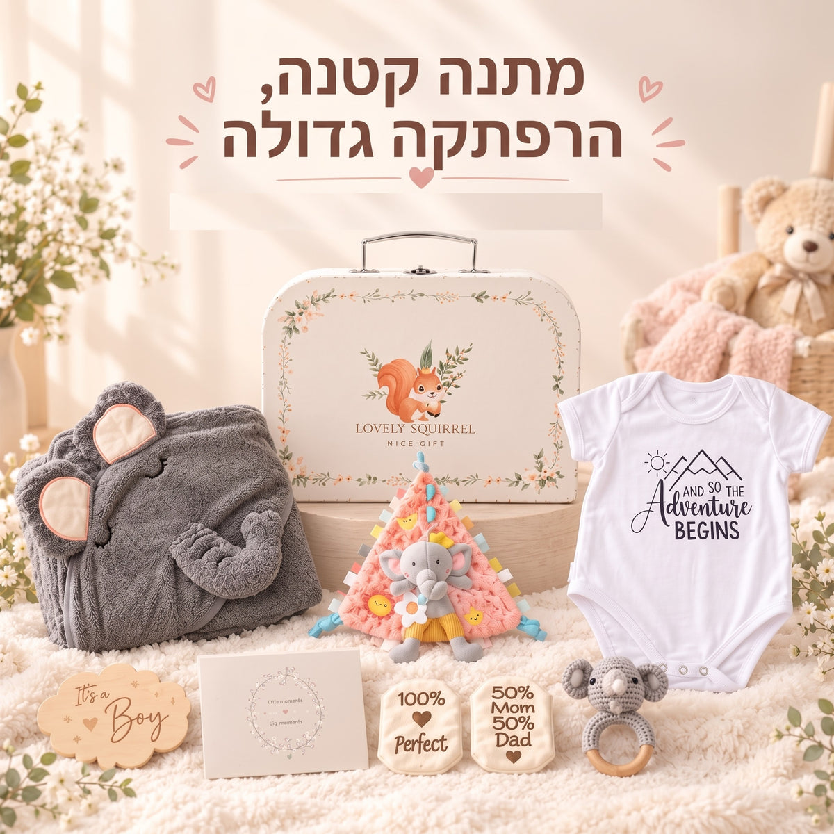 מתנת לידה לבן מזוודת פיל אפורה עם שמיכת קפוצון וצעצועי התפתחות