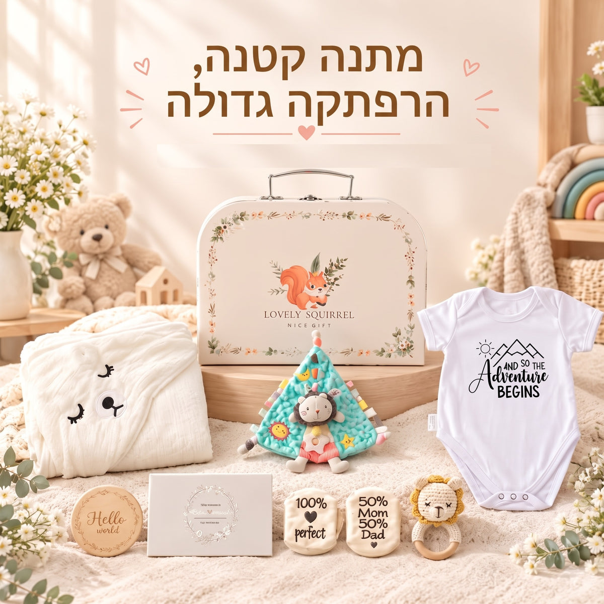 מארז מתנה ללידה בצבע לבן עם בובת אריה ושמיכה רכה מבית מיה