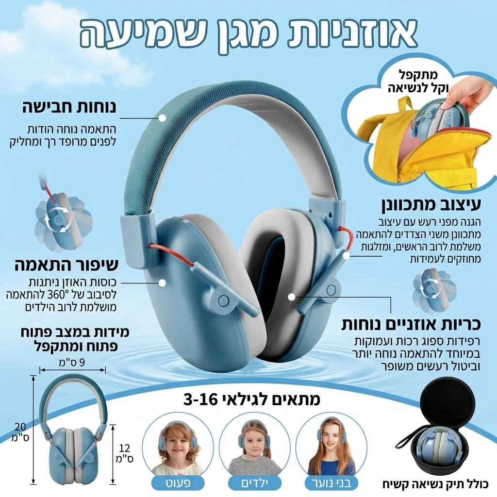 אוזניות הגנה מרעש לילדים ותינוקות מבית MIA, דגם פרימיום מפרט ,SNR 27dB.