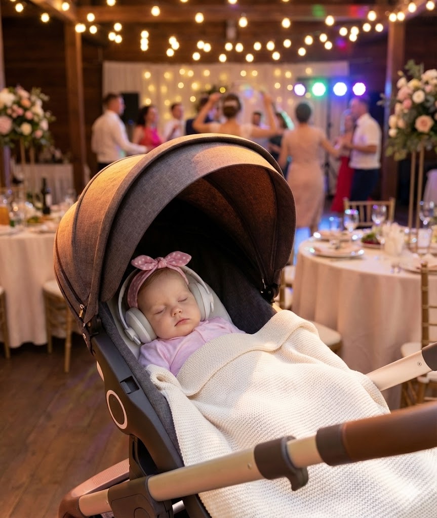 תינוק ישן בשלווה עם אוזניות הגנה בחתונה - הגנה מרעש חזק